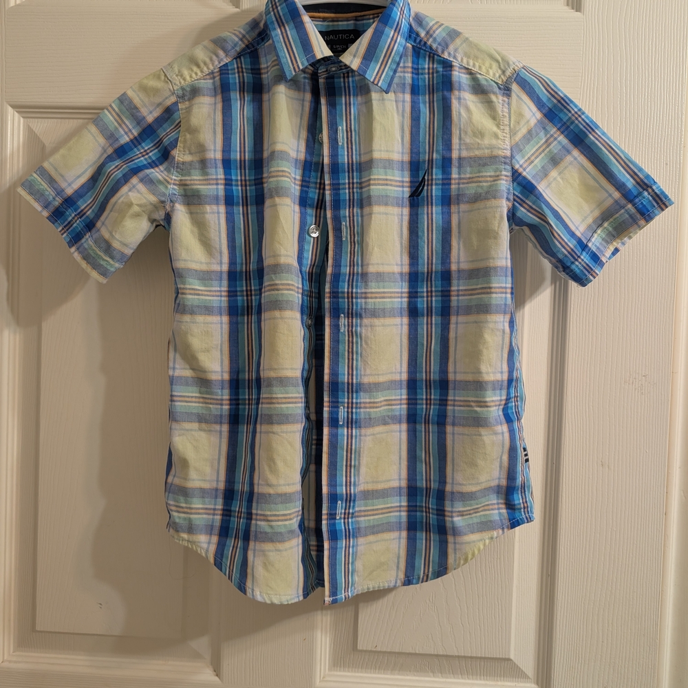 Nautica Men's Blue and Cream Plaid Shirt